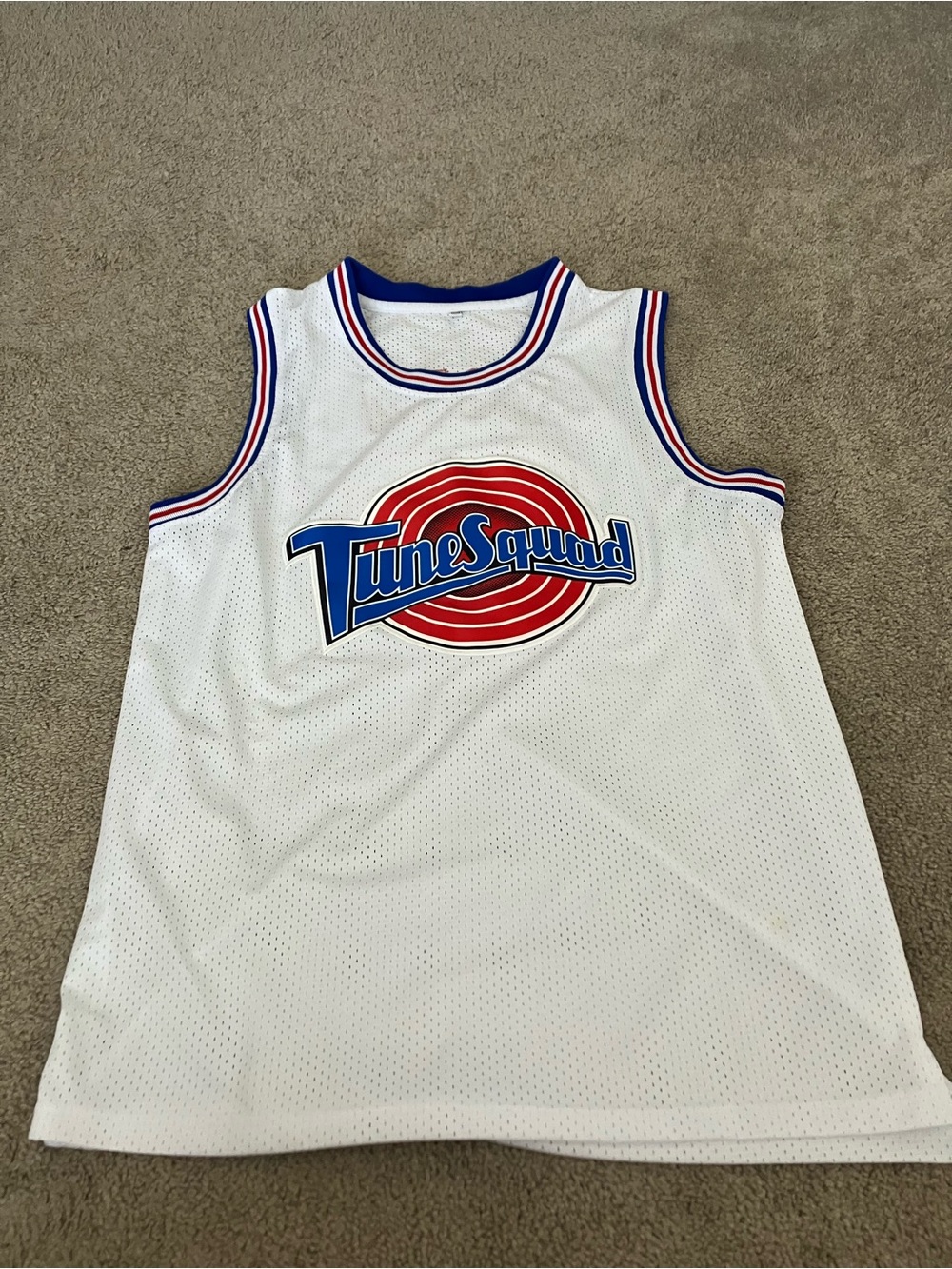 Tune Squad White Basketball Jersey with Red & Blue Logo